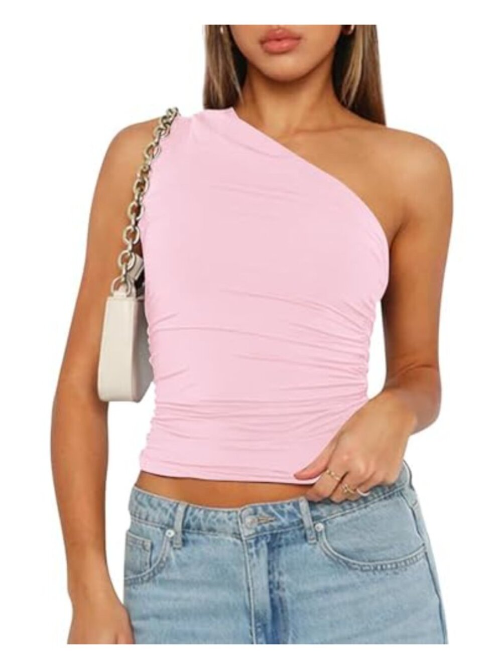 One Shoulder Crop Tank Top Ruched Sleeveless Fitted Y2K Cami Going Out Top